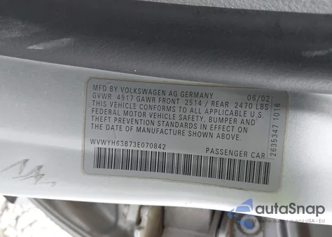 2003 Volkswagen Passat Glx from USA, damaged, VIN WVWYH63B73E070842